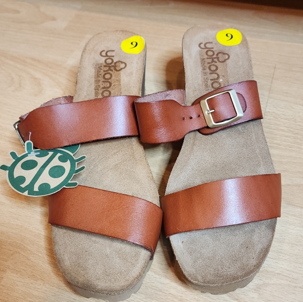 NWT Yokono Brown Leather Wedge Sandals Womens 9 Double Buckle Straps - Picture 16 of 16